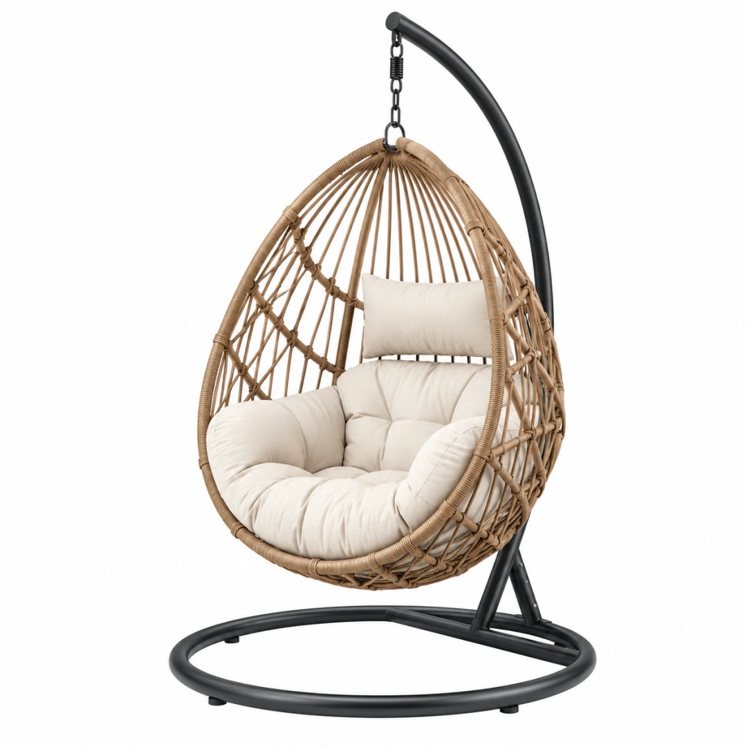Fauteuil suspendu Toravero en résine tressée naturelle avec support en métal noir, dimensions 105x105x195 cm.