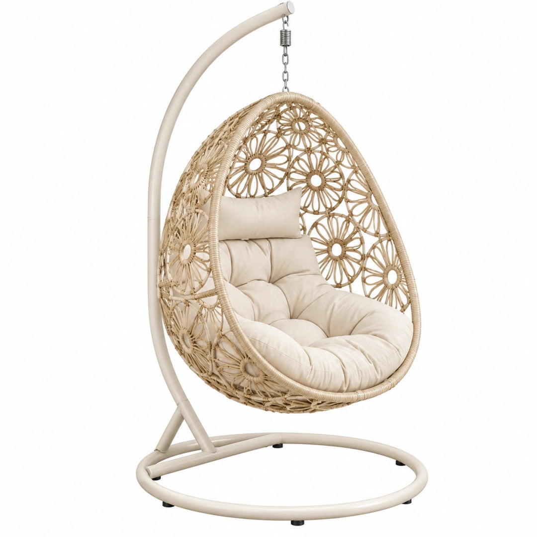 Fauteuil suspendu Toravero en métal et fibres tressées beige, style bohème, dimensions 105x105x195 cm, pour intérieur ou extérieur.