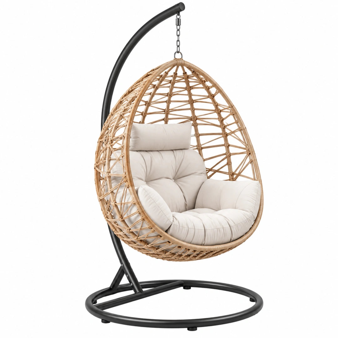 Fauteuil suspendu Toravero en rotin beige et métal noir avec support, dimensions 105x105x195 cm, pour intérieur ou extérieur.