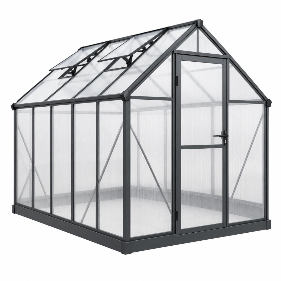 Serre de jardin Toravero en aluminium gris anthracite 190x190x195 cm avec panneaux translucides et aérations.