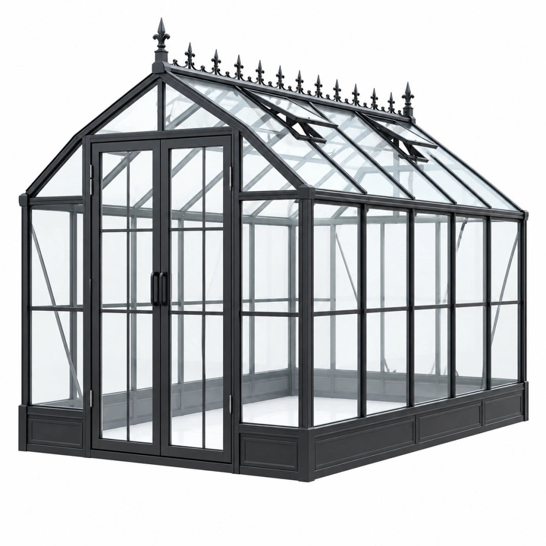 Serre de jardin en aluminium noir et verre transparent, style victorien, dimensions 300 x 200 x 250 cm, de la marque Toravero