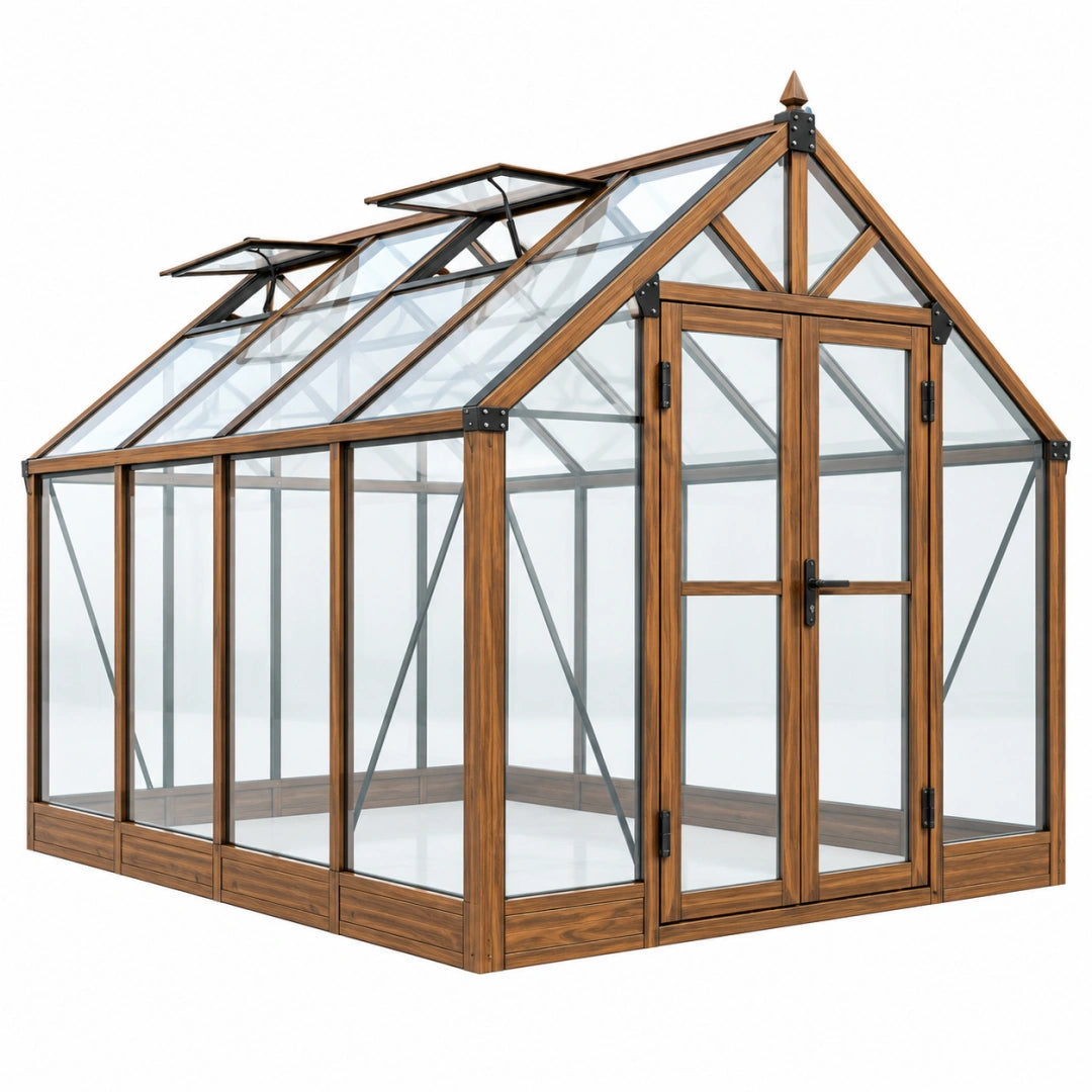 Serre de jardin Toravero en aluminium marron avec panneaux transparents, porte et lucarnes, dimensions 240x190x250 cm