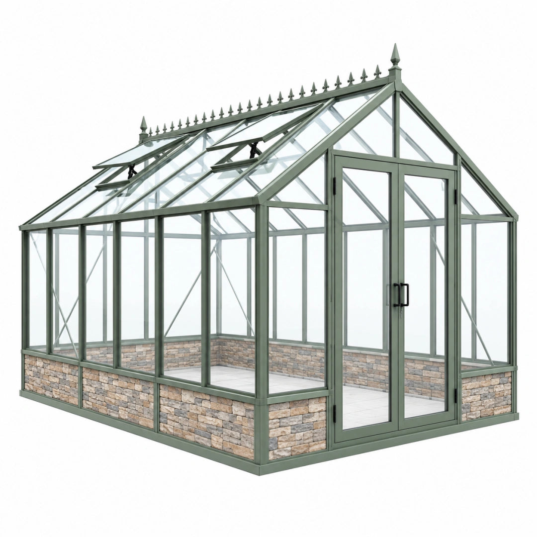 Serre de jardin en aluminium vert de 400x300x300 cm avec vitrage transparent, style victorien, par Toravero