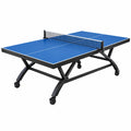 Table de ping-pong Toravero bleue en acier pliable, 274 x 152,5 x 76 cm, avec roulettes pour déplacement facile.