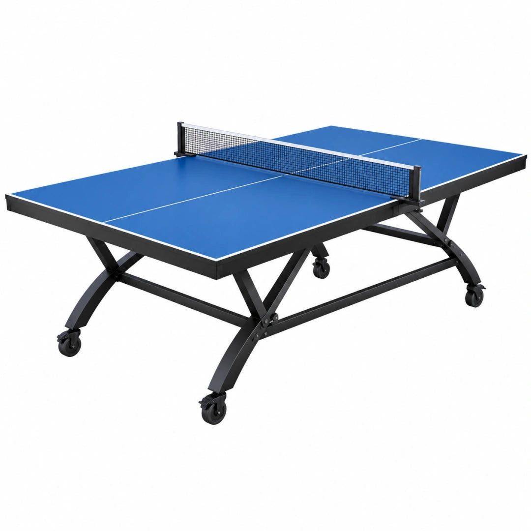 Table de ping-pong Toravero bleue en acier pliable, 274 x 152,5 x 76 cm, avec roulettes pour déplacement facile.