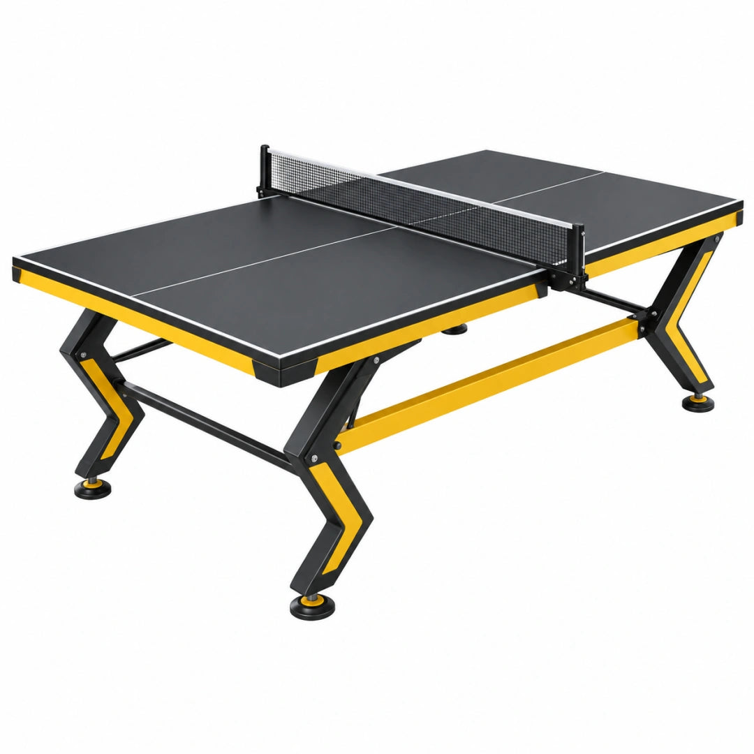Table de ping-pong Toravero en acier noir et jaune, dimensions 274 x 152,5 x 76 cm, avec filet pour intérieur.