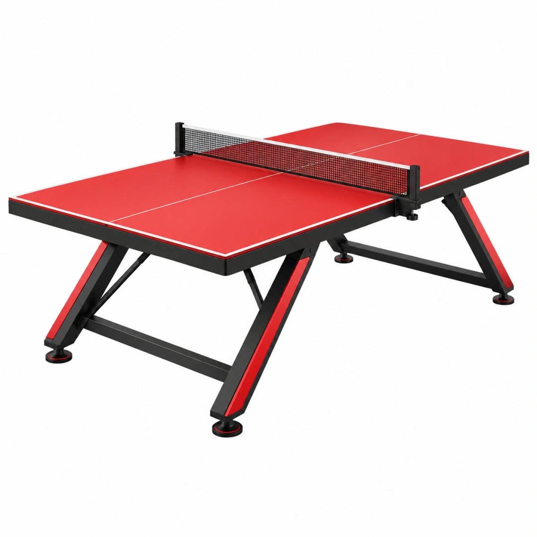 Table de ping-pong Toravero rouge et noire avec surface MDF, filet, structure en acier, dimensions 274 x 152,5 x 76 cm.