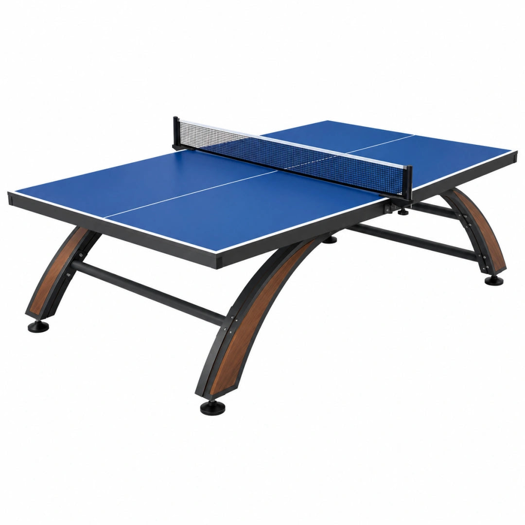 Table de ping-pong Toravero, 274 x 152,5 x 76 cm, en acier et panneau de bois, style moderne, surface bleue.