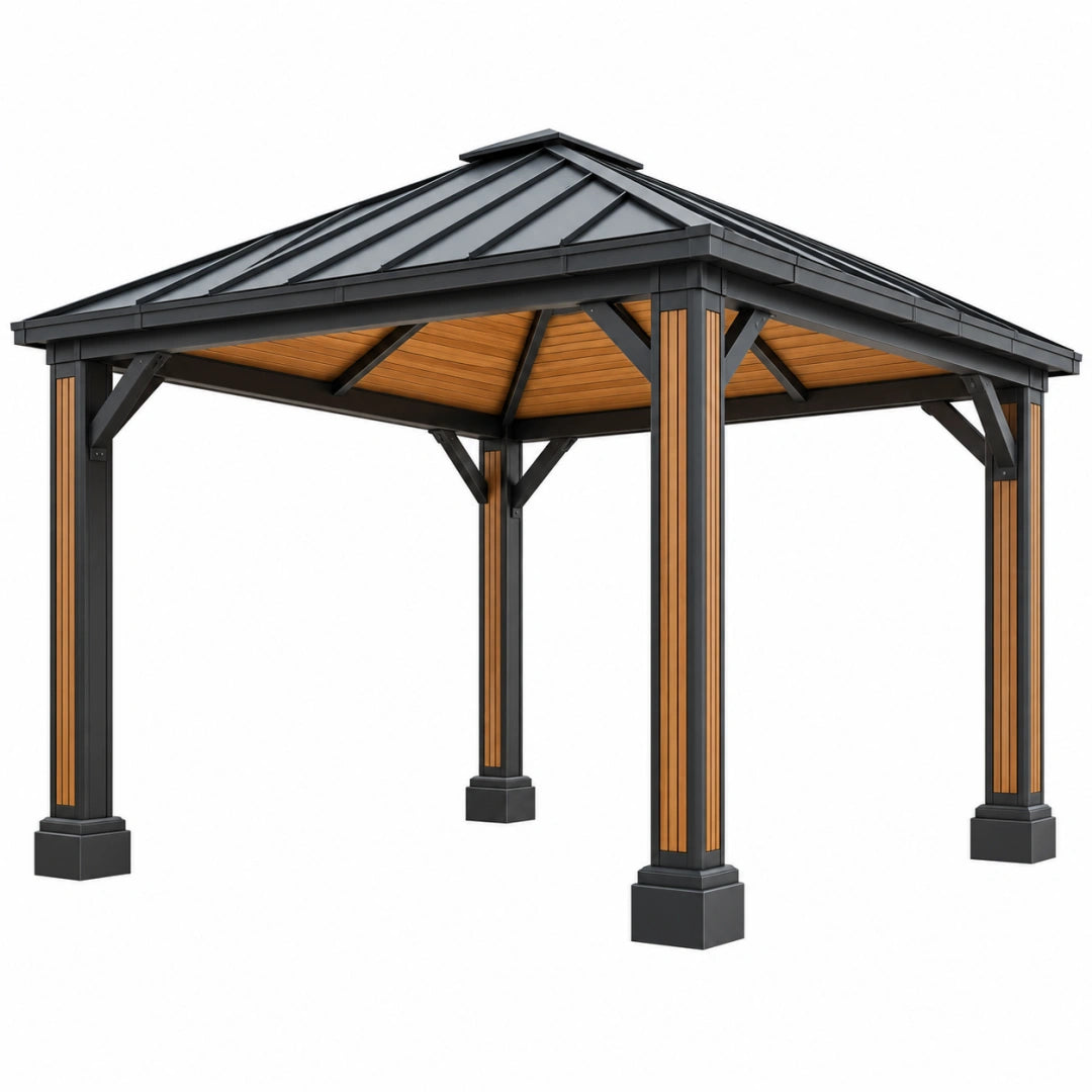 Tonnelle de jardin Toravero, pavillon noir et brun en métal, 300x300x290 cm avec toit rigide pour espace extérieur.