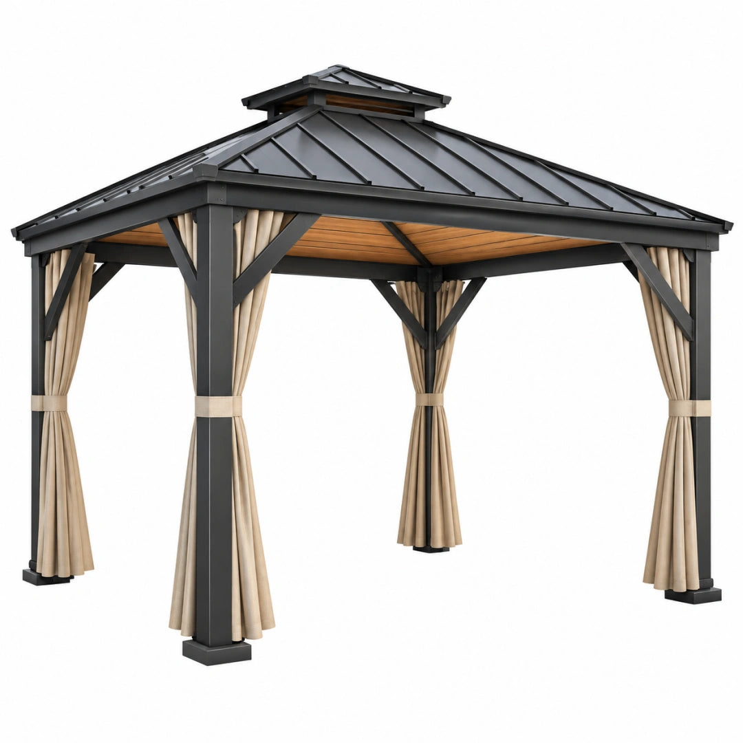 Tonnelle de jardin Toravero 300x300 cm en métal noir avec rideaux beige et toit rigide, idéale pour l'extérieur.