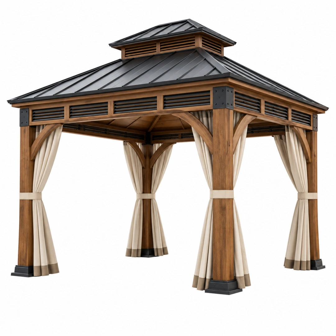 Tonnelle de jardin Toravero en bois brun 300x300 cm avec toit en métal noir et rideaux beige, pour espace extérieur élégant.