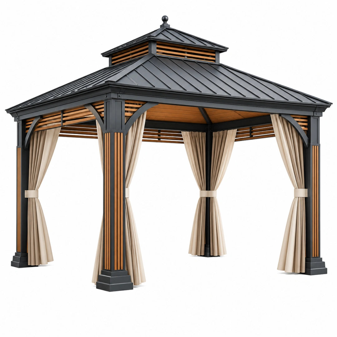 Tonnelle de jardin Toravero en métal noir et bois de 300 cm avec rideaux beige, style contemporain et espace extérieur.