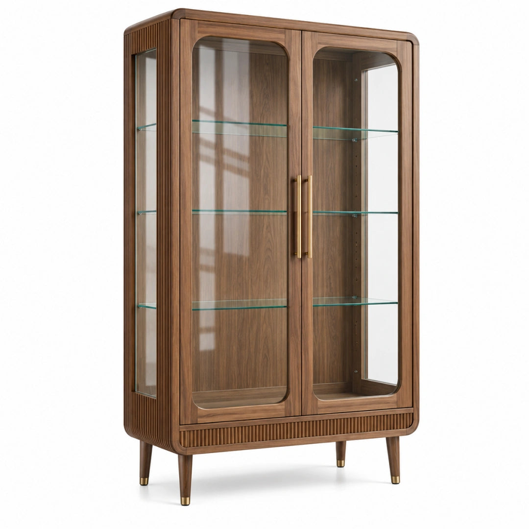 Vitrine en bois brun de style rétro avec portes vitrées, dimensions 90x42x180 cm, de la marque Toravero.