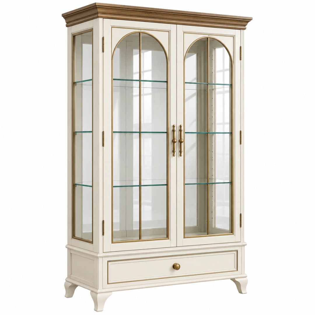 Vitrine en bois blanc et verre de style classique, 100x45x190 cm avec 2 portes, design élégant et meuble de rangement.