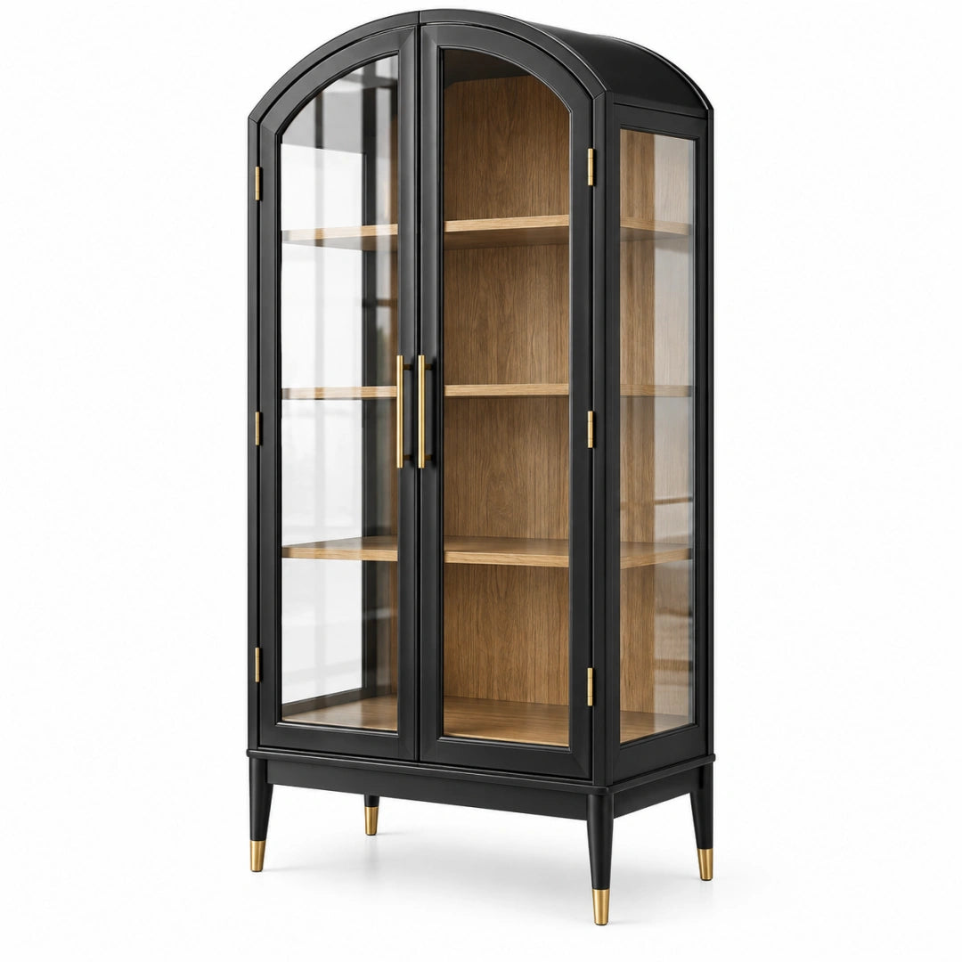 Vitrine en bois noir et verre de 80x40x190 cm de la marque Toravero, meuble de rangement contemporain.