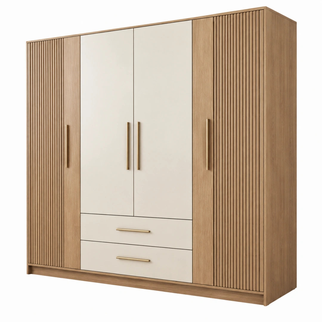 Armoire contemporaine Toravero en panneaux de bois chêne clair et blanc, 180x52x200 cm, style moderne et élégant.