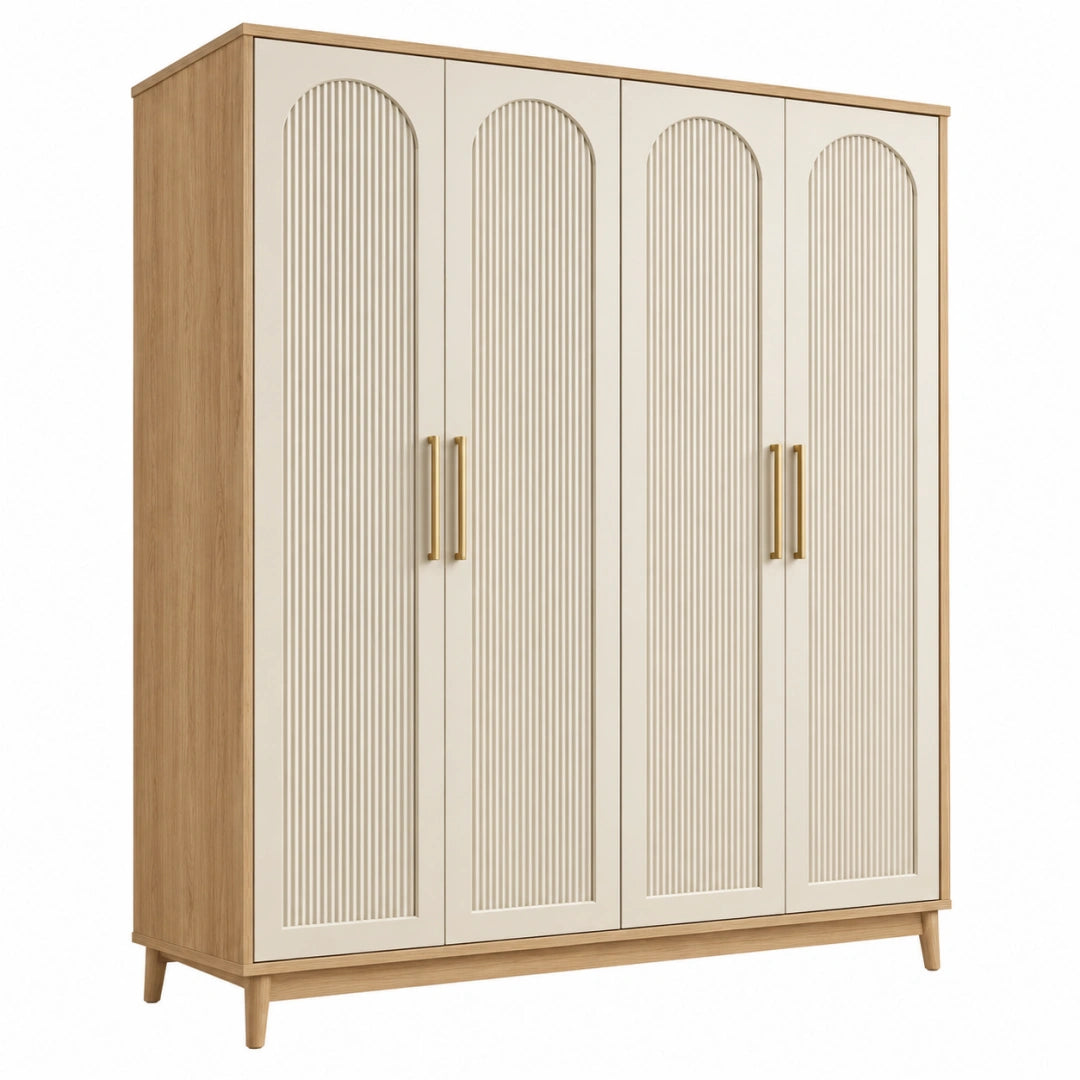 Armoire Toravero 4 portes en finition bois beige, meuble contemporain de 160x55x200 cm, style moderne et élégant.