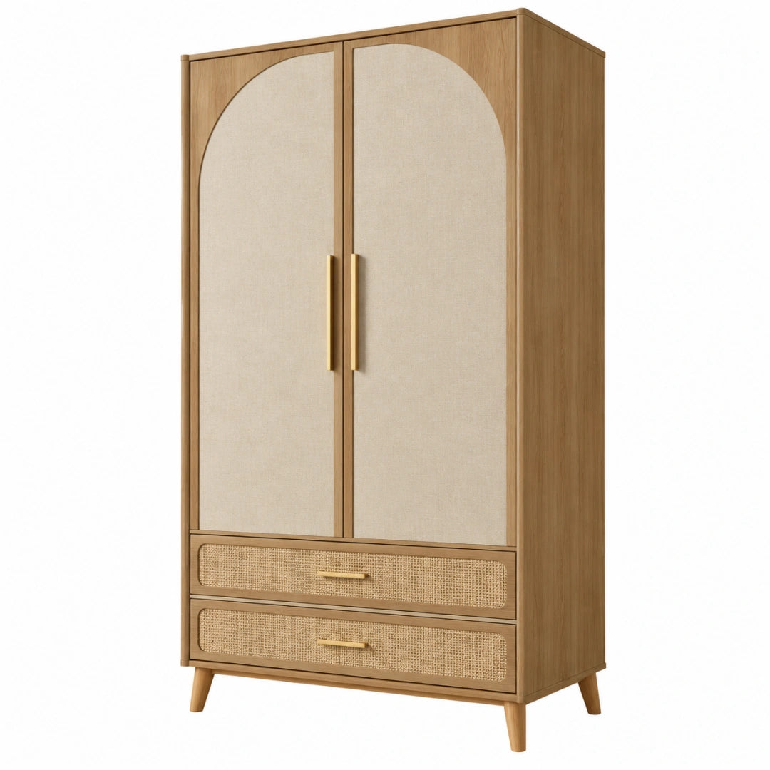 Armoire en bois marron et tissu beige, 90x50x180 cm, avec 2 portes et 2 tiroirs, style naturel, marque Toravero