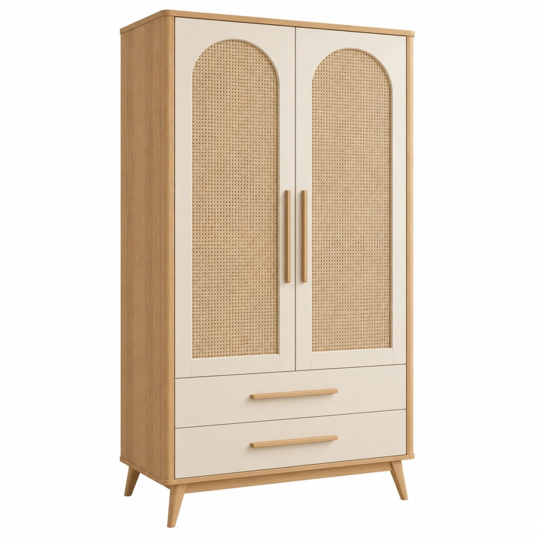 Armoire en bois beige et naturel Toravero avec cannage rétro, dimensions 90x50x180 cm, design élégant et vintage.
