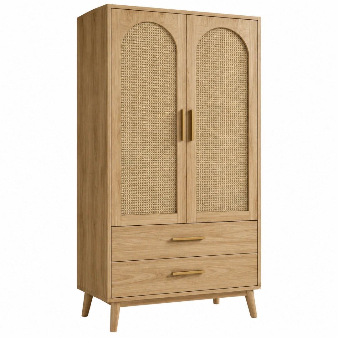 Armoire de rangement bois naturel et cannage, style bohème, dimensions 90x50x180 cm, par Toravero.