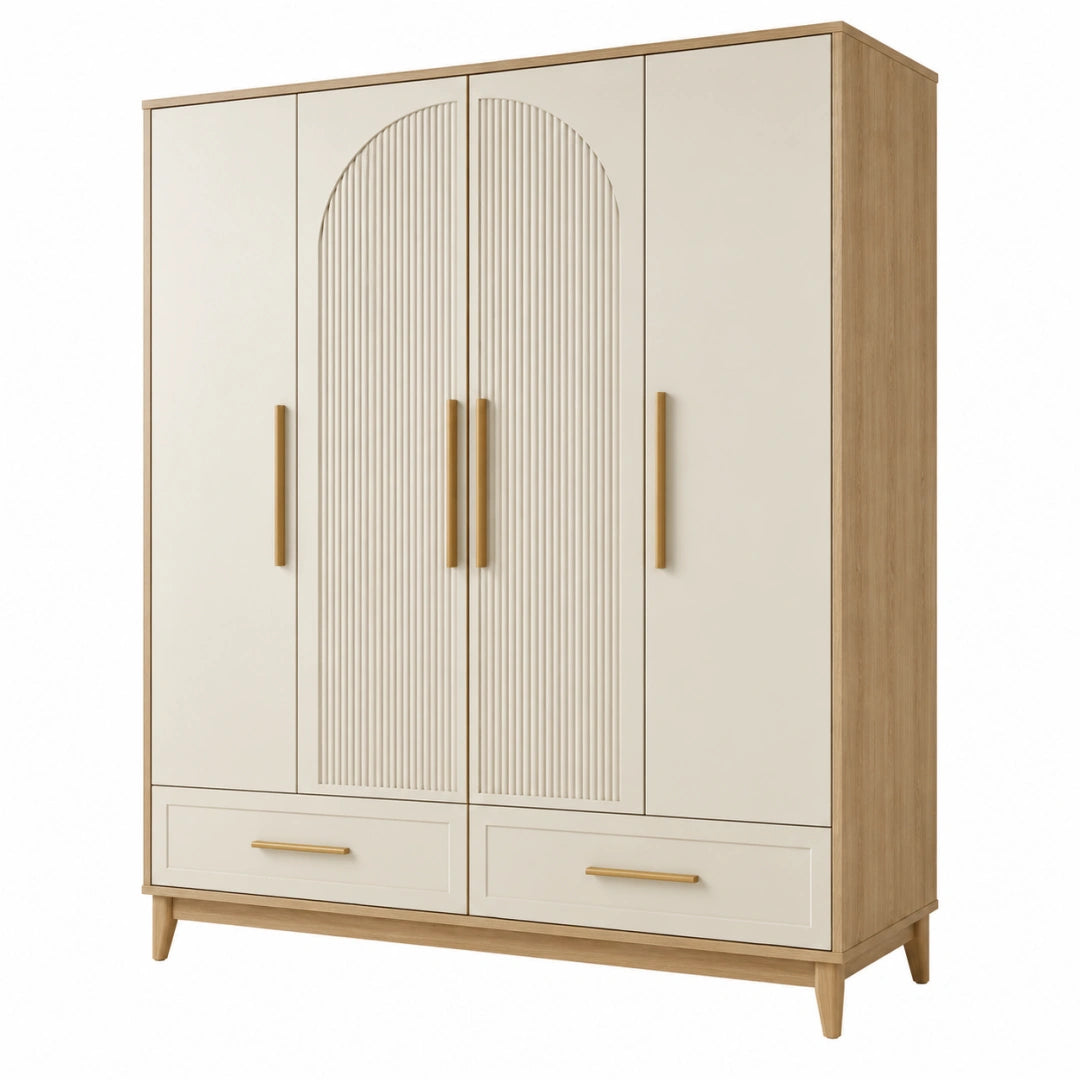 Armoire contemporaine Toravero en panneaux de bois beige et chêne, 160x55x200 cm, avec 4 portes élégantes.