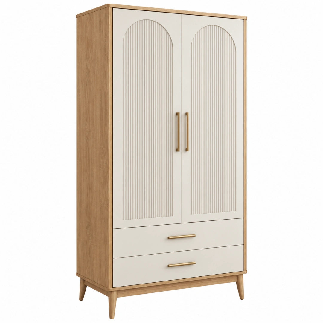 Armoire de rangement Toravero en chêne naturel et blanc cassé, 2 portes et 2 tiroirs, style contemporain, dimensions 90x50x180 cm.