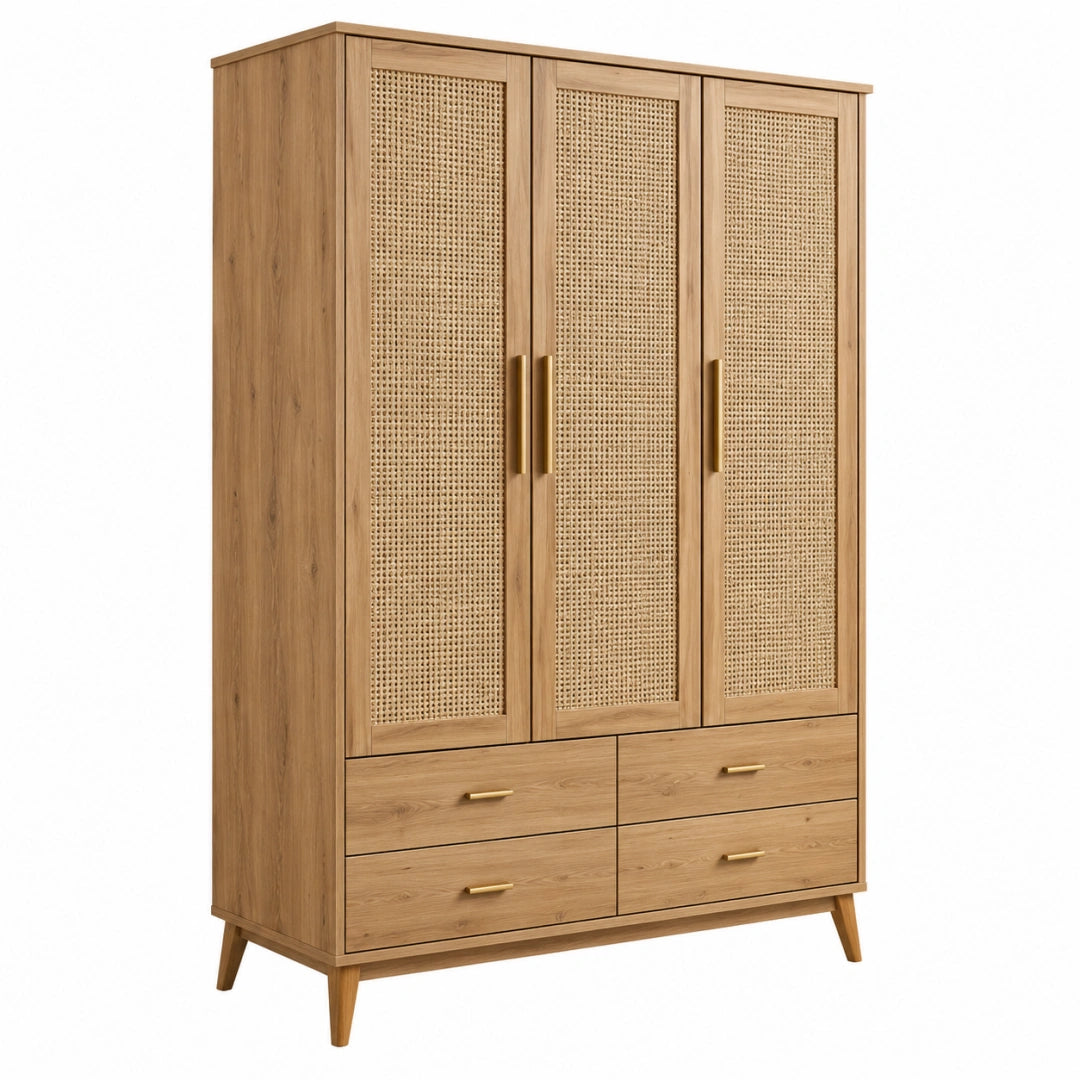 Armoire de rangement Toravero en panneaux effet bois naturel avec porte en cannage style bohème, dimensions 120x55x190 cm