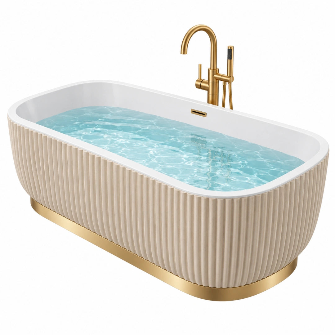 Baignoire îlot Toravero de 170 cm en acrylique blanc et doré avec finition nervurée, design moderne et élégante.