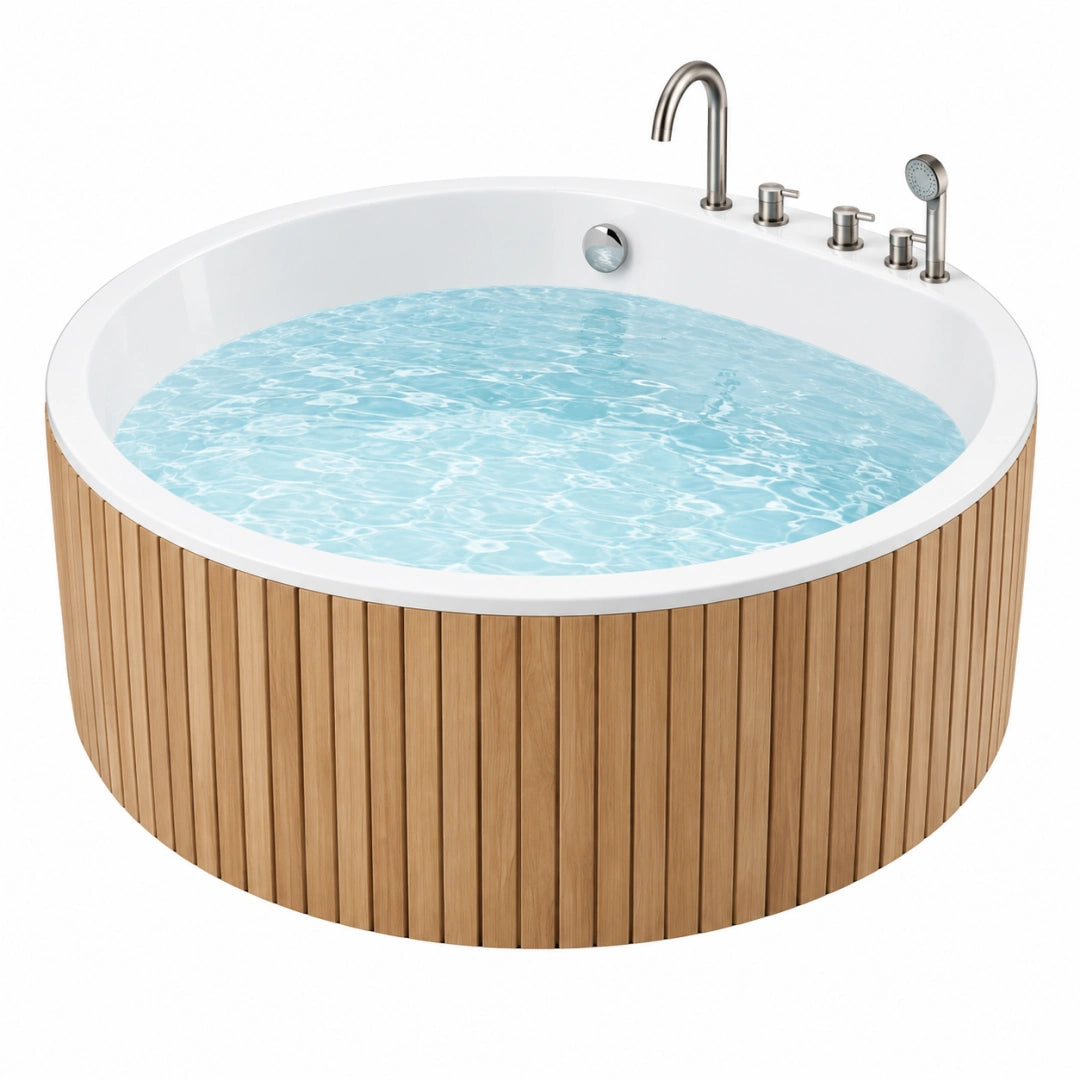 Baignoire îlot ronde Toravero en acrylique blanc avec finition bois, de 150 cm, équipée d'une robinetterie moderne.