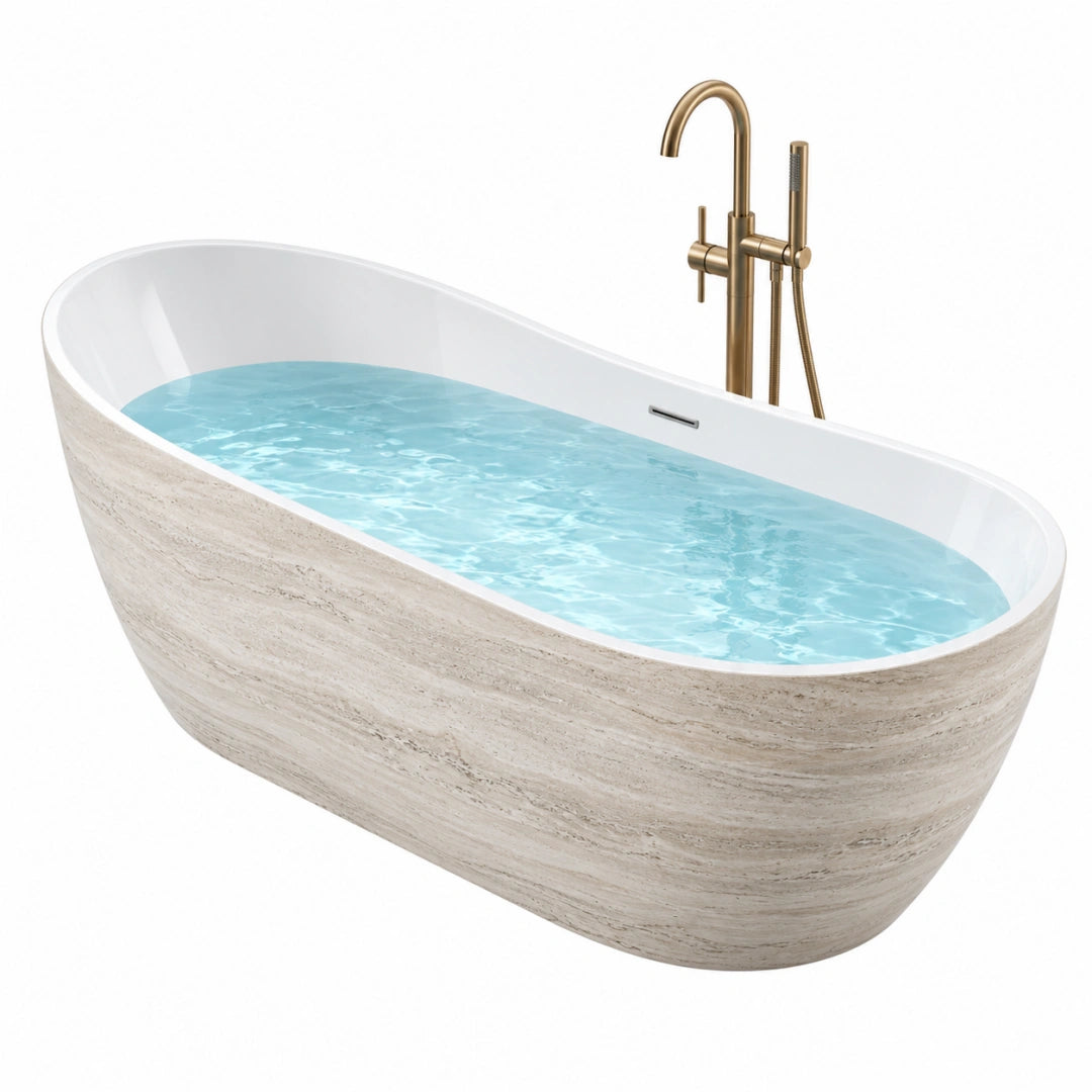Baignoire îlot ovale Toravero en acrylique beige effet pierre, 170 x 75 cm, design contemporain et élégant.