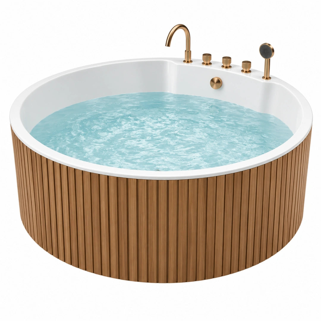 Baignoire îlot ronde Toravero en acrylique blanc de 150 cm avec habillage en bois et robinetterie dorée.