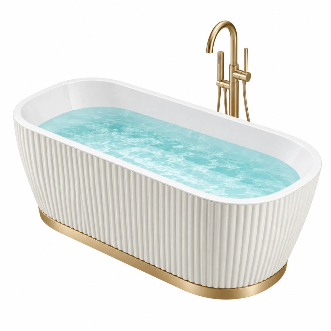 Baignoire îlot Toravero en acrylique blanc et doré, style contemporain, dimensions 170x75x58 cm, vue en gros plan.