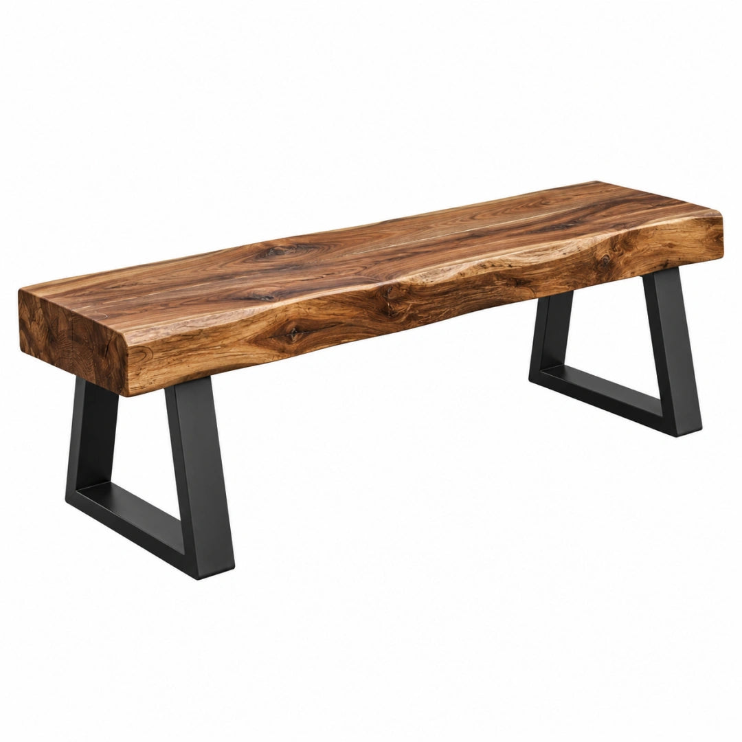 Banquette en bois massif marron avec pieds en métal noir, style industriel, dimensions 180x40x45 cm, conçu par Toravero.