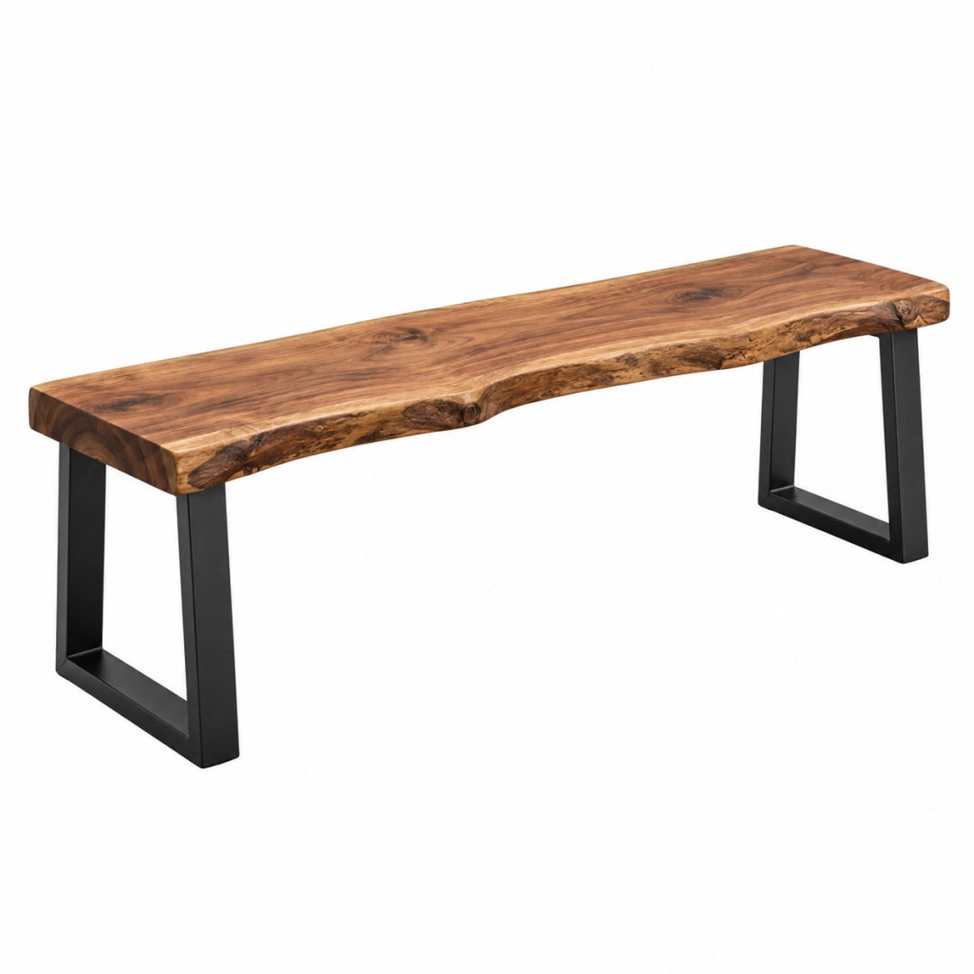 Banquette en bois massif marron et métal noir de style industriel, dimensions 180x40x45 cm, design robuste et moderne.