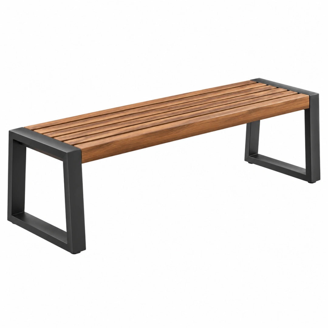 Banquette de jardin en bois brun et métal noir de style industriel, dimensions 120x35x45 cm, par Toravero.