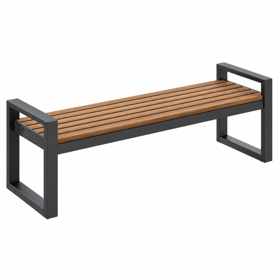 Banc de jardin en bois brun et métal noir de style industriel, 120 x 40 x 45 cm, conçu par Toravero, pour espace extérieur.