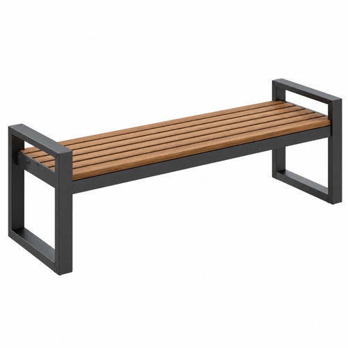 Banc de jardin en bois brun et métal noir de style industriel, 120 x 40 x 45 cm, conçu par Toravero, pour espace extérieur.