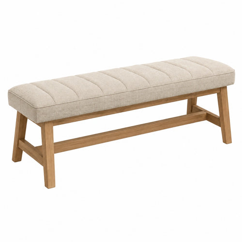 Banc Toravero de 120 cm en bois naturel et tissu beige, style contemporain, assise confortable et design moderne.